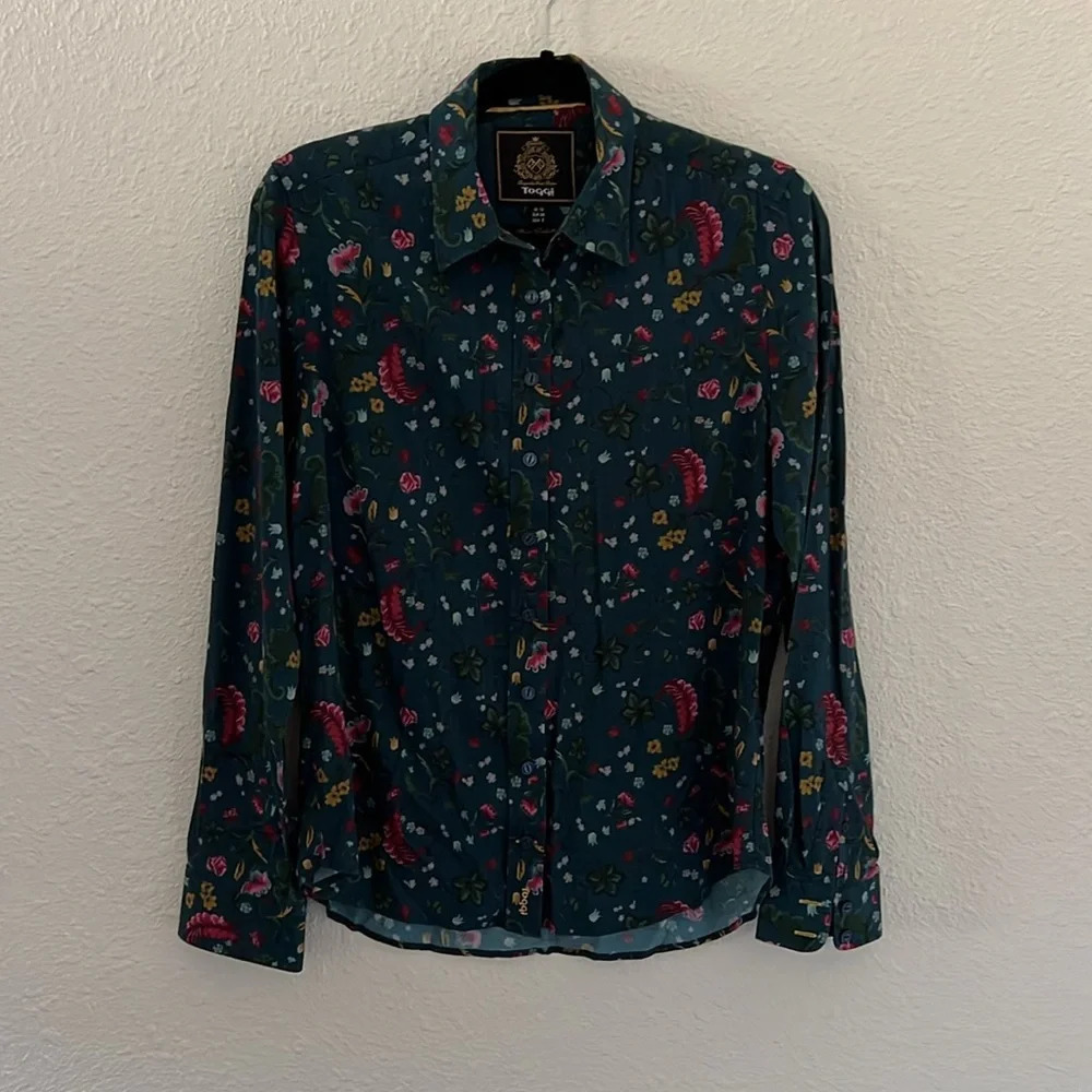 TOGGI Womens Teal Blue Floral Equestrian Button Down Blouse Size US 8